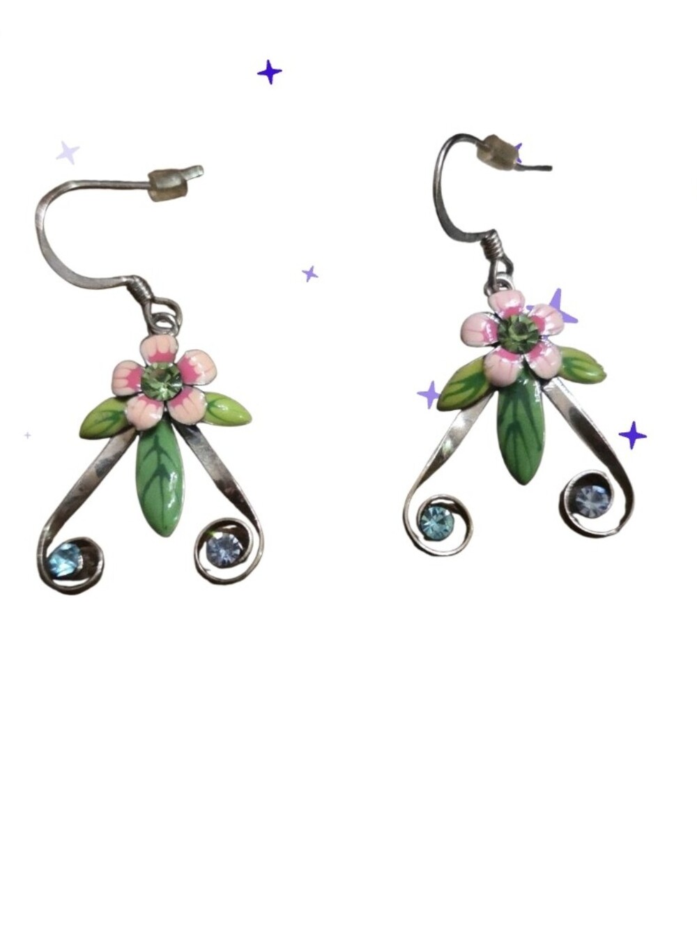 Y2k 1926 Pink Flower and Green Leaf Drop Earrings